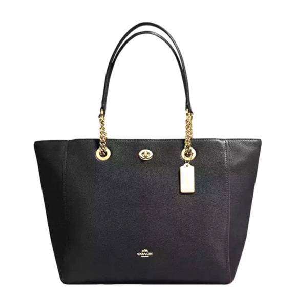 Coach Turnlock Chain Tote Bag Shoulder #57107 Purse Pebbled Leather Black Gold - Picture 11 of 11